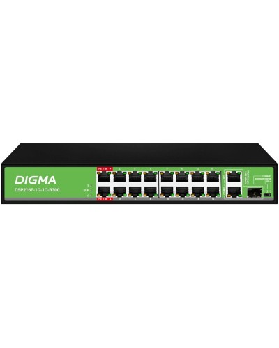 DSP216F-1G-1C-R300 (L2) 16х100Мбит/с 1х1Гбит/с 1хКомбо(1000BASE-T/SFP) 16PoE 16PoE+ 2PoE++ 300W. Коммутатор с питанием по PoE. Digma в Уфе
