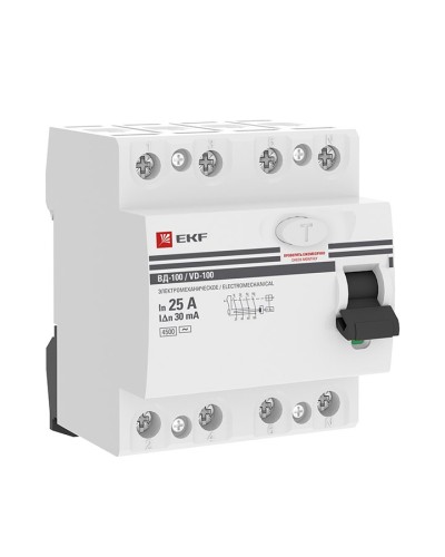 УЗО ВД-100 4P 25А 30мА тип AC эл-мех  PROxima (elcb-4-25-30-em-pro). Выключатель дифференциального тока (УЗО). EKF в Уфе