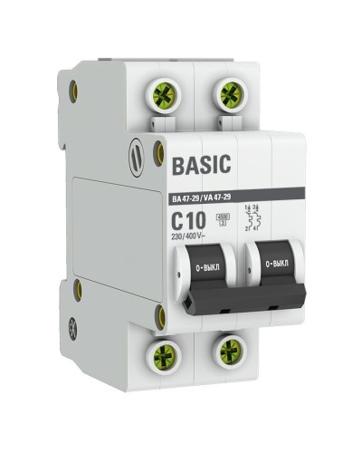 Автоматический выключатель 2P 10А (C) 4,5кА ВА 47-29 Basic (mcb4729-2-10C). Автоматический выключатель. EKF в Уфе