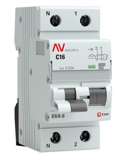DVA-6 1P+N 16А (C) 30мА (AC) 6кА  AVERES (rcbo6-1pn-16C-30-ac-av). Автоматический выключатель дифференциального тока. EKF в Уфе