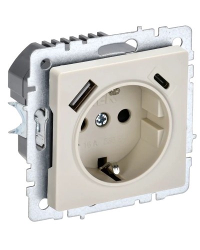 Розетка с з/к с USB A+C 18Вт РЮш11-1-БрКр бежевый BRITE (BR-R14-16-U22-018-K10). Розетка с заземлением с защитными шторками, 18Вт. IEK в Уфе
