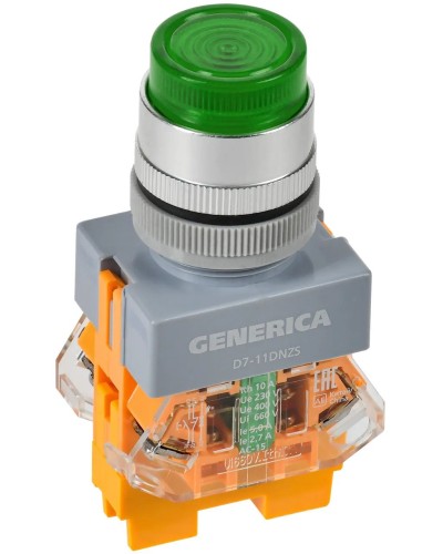 Кнопка D7-11DNZS d=22мм зеленая GENERICA (BBT50-11DNZS-3-11-K06-G). Кнопка управления с подсветкой и фиксацией. IEK в Уфе